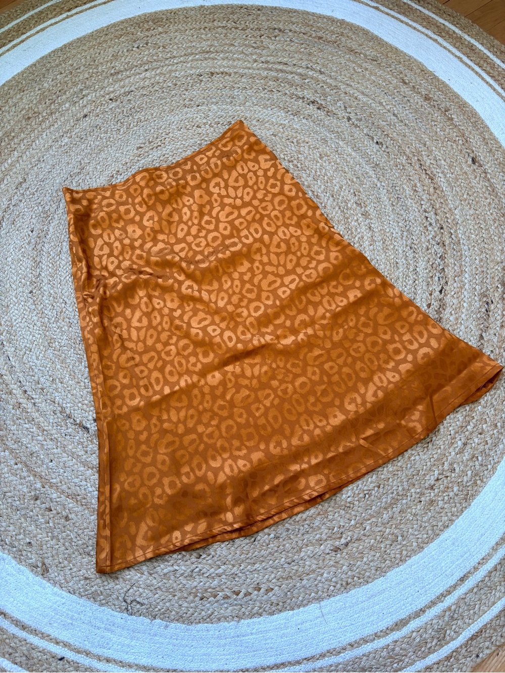 DYI Burnt Orange Satin Leopard-Print Midi Skirt